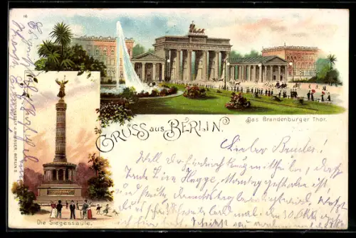 Lithographie Berlin, Siegessäule, Brandenburger Thor mit Wasserspiel