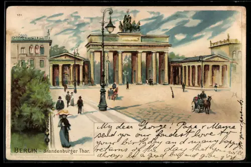 Lithographie Berlin, Leute vor dem Brandenburger Tor