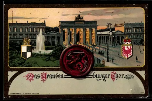 Lithographie Berlin, Brandenburger Thor, Bärensiegel und Wappen
