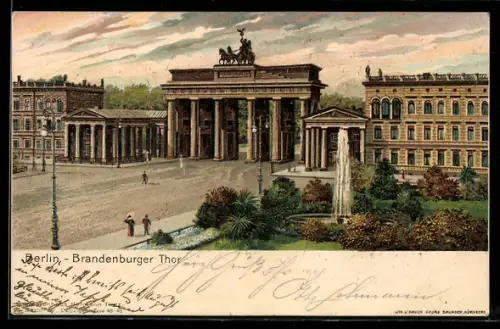 Künstler-AK Berlin, Brandenburger Tor mit Fontäne