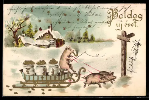 AK Schweine ziehen einen mit Geldsäcken beladenen Schlitten, Neujahrsgruss