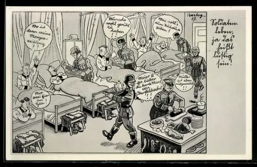 Künstler-AK Ferdinand Barlog: Soldatenleben, ja das heisst lustig sein!, Rekrutenhumor