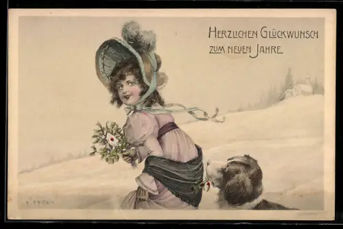Künstler-AK R. Kratky: Neujahrsgrüsse eines jungen Mädchens mit Mistelzweig und Hund