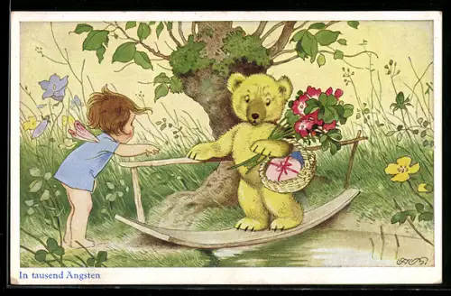 Künstler-AK F.Baumgarten: In tausend Ängsten, Teddy traut sich nicht über die Brücke, Fee