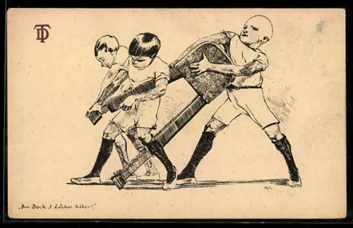 Künstler-AK Junge Turner stellen den Bock 3 Löcher höher