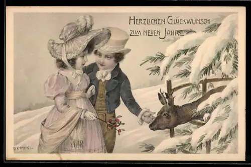 Künstler-AK R. Kratky: Junges Paar auf einem Waldspaziergang füttert einen Rehbock