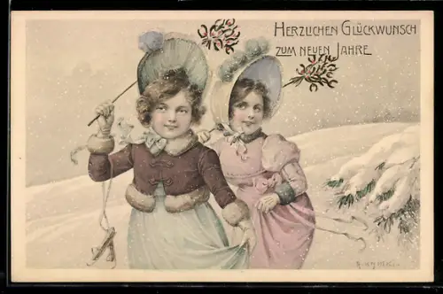 Künstler-AK R. Kratky: Junge Damen im Schnee