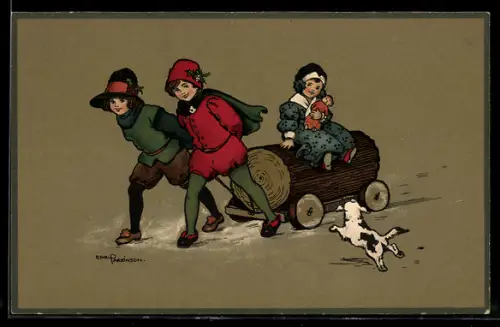 Künstler-AK Ethel Parkinson: Jungen ziehen Wagen mit Kind auf Baumstamm