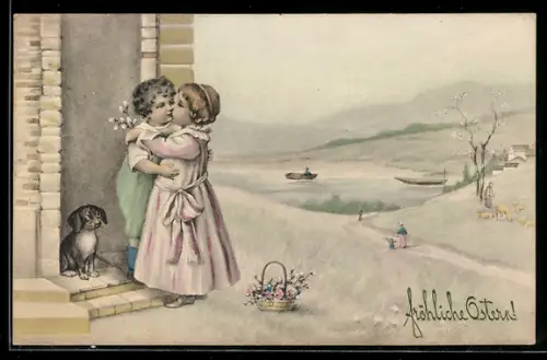 Künstler-AK V.K., Vienne Nr. 4059: Kinderpaar küsst sich, Ostergruss