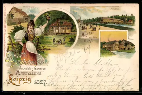 Lithographie Leipzig, sächsisch-thüringische Industrie & Gewerbe Ausstellung 1897, Ansichten aus dem Dorf, Brücke