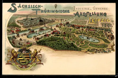 Lithographie Leipzig, Industrie u. Gewerbe-Ausstellung 1897, Ausstellungsgelände, Wappen
