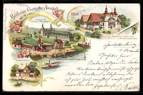 Lithographie Berlin, Gewerbe-Ausstellung 1896, Gebäude für Chemie & Photographie & Spreewaldhaus