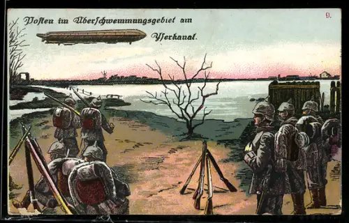 AK Posten im Überschwemmungsgebiet am Yserkanal und Zeppelin