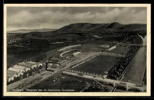 AK Stuttgart, Strassenbahnen am Festplatz des 15. Deutschen Turnfestes