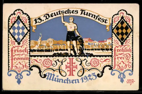 Künstler-AK Siegmund von Suchodolski: München, 13. Deutsches Turnfest 1923, Grüssender Turner