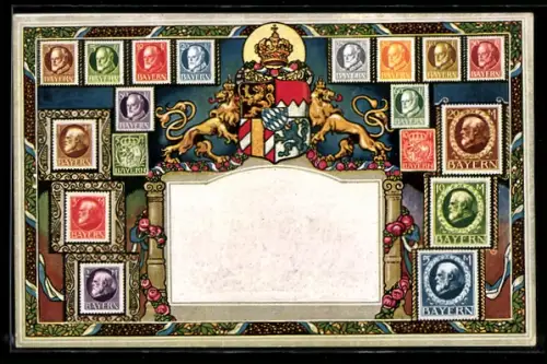 AK Wappen mit Briefmarkenrahmung