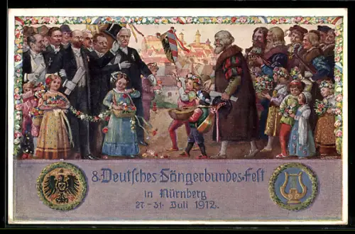AK Nürnberg, VIII. Deutsches Sängerbundfest 1912, Kinder mit Blumen, Harfe, Wappen