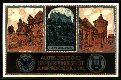 AK Nürnberg, VIII. Deutsches Sängerbundfest 1912, Burg zu Nürnberg, Harfe, Wappen