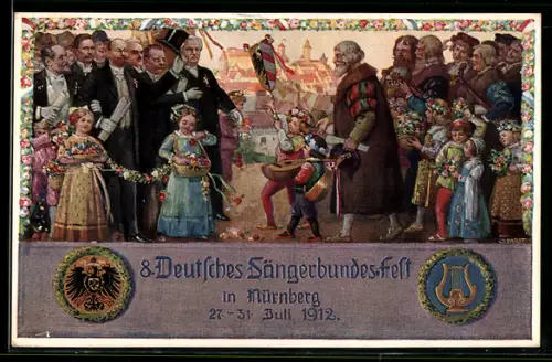 AK Nürnberg, VIII. Deutsches Sängerbundfest 1912, Blumenkinder, Harfe, Wappen