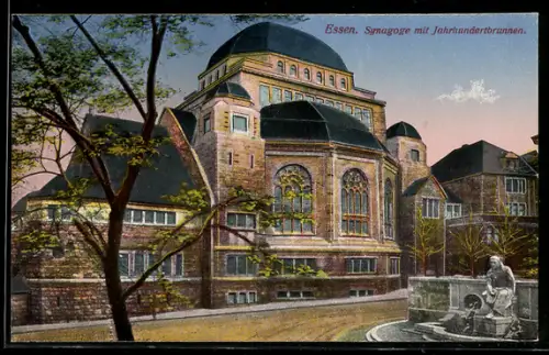 AK Essen, Blick auf Synagoge und Jahrhundertbrunnen