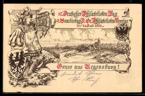 AK Regensburg, 17. Dt. Philatelisten-Tag, 9. Bundestag D.-Ö. Philatelisten-Vereine 1905, Ganzsache