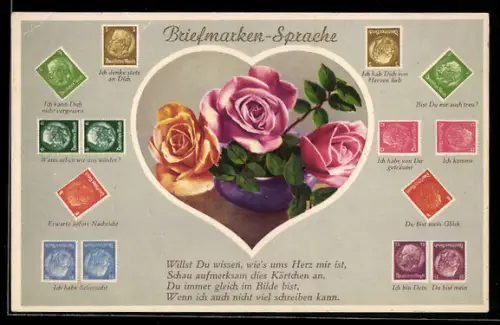 AK Briefmarkensprache, Herz, Rosen, versch. Briefmarken
