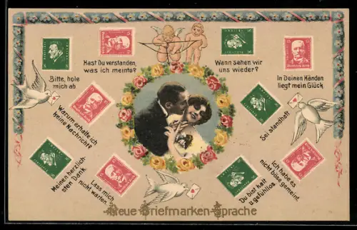 AK Junges sich küssendes Paar, Briefmarken in Briefmarkensprache angeordnet