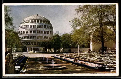 AK Dresden, Reichsgartenschau, Konzertgarten mit Kugelhaus, Art Deco