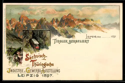 Lithographie Leipzig, Industrie- und Gewerbeausstellung 1897, Bergbahn mit Gebirgspanorama