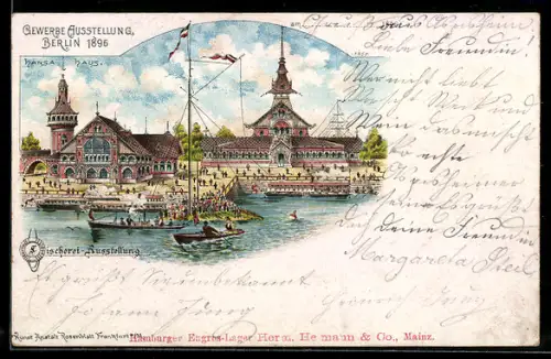 Lithographie Berlin, Gewerbe-Ausstellung 1896, Hansa Haus, Fischerei-Ausstellung