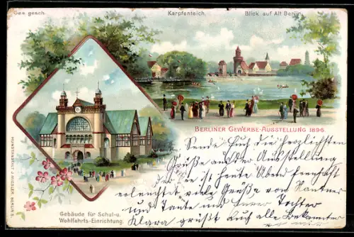 Lithographie Berlin, Gewerbe-Ausstellung 1896, Gebäude für Schul-u. Wohlfahrts-Einrichtung