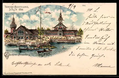 Lithographie Berlin, Gewerbe-Ausstellung 1896, Hansa Haus, Fischerei-Ausstellung