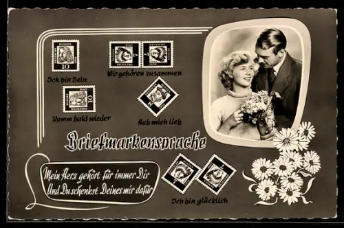 AK Briefmarkensprache, Liebespaar mit Blumensträusschen