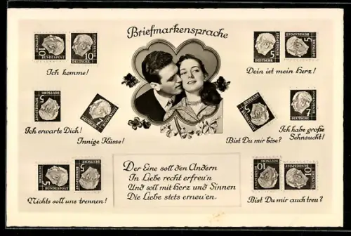 AK Briefmarkensprache, Ich komme!, Innige Küsse!, Bist Du mir böse?, Liebespaar