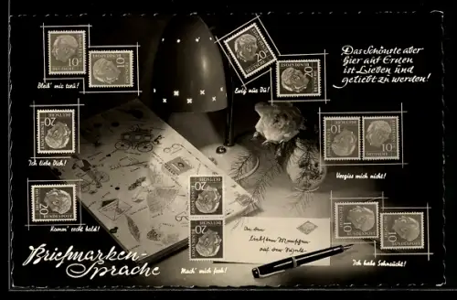 AK Briefmarken-Sprache, Ewig nur Du!, Vergiss mich nicht, Ich habe Sehnsucht