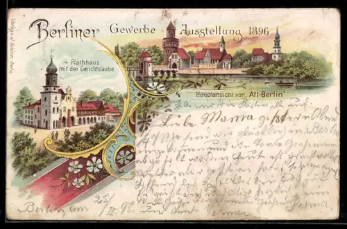 Lithographie Berlin, Gewerbe-Ausstellung 1896, Rathaus mit Gerichtslaube, Ortsansicht