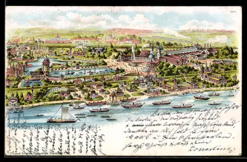 Lithographie Berlin, Gewerbe-Ausstellung 1896, Ortspanorama mit Ausstellungspark