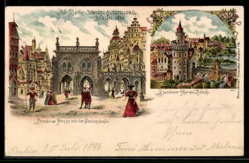 Lithographie Berlin, Gewerbe-Ausstellung 1896, Spandauer Thor mit Brücke, Spandauer Strasse