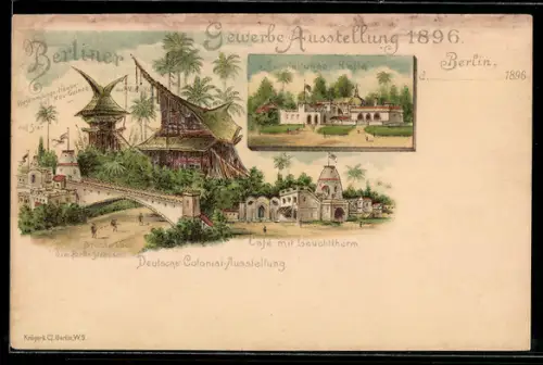 Lithographie Berlin-Treptow, Gewerbe-Ausstellung 1896, Deutsche Colonial-Ausstellung, Brücke über die Park-Strasse