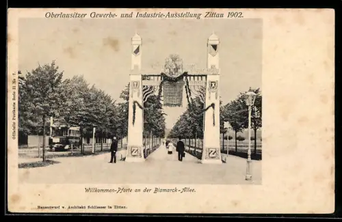 AK Zittau, Oberlausitzer Gewerbe- und Industrie-Ausstellung 1902, Willkommen-Pforte an der Bismarck-Allee, Strassenbahn