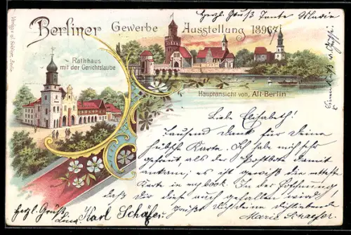 Lithographie Berlin, Gewerbe-Ausstellung 1896, Hauptansicht, Rathaus mit der Gerichtslaube