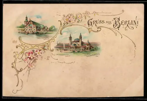 Lithographie Berlin, Berliner Gewerbe-Ausstellung 1896, Hauptausstellungs-Gebäude, Nahrungsmittel-Gebäude