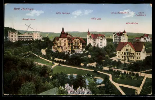 AK Bad Kudowa, Panorama mit Sanatorium, Villa Carmen und Haus Habsburg