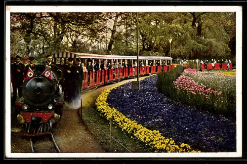 AK Dresden, Reichsgartenschau, Kleinbahnfahrt durch die Schmuckanlage