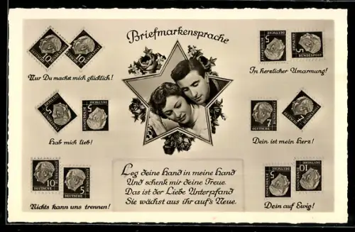 AK Briefmarkensprache, Liebespaar, Briefmarken mit Konterfei Theodor Heuss, Stern, Rosen