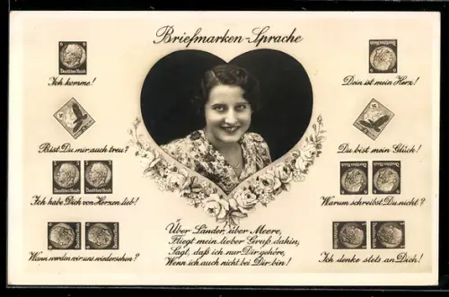 AK Briefmarkensprache, Frauenporträt, versch. Briefmarken, Herz