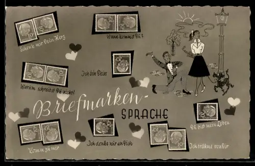 AK Briefmarkensprache, Mann kniet vor Frau mit Hund auf der Strasse