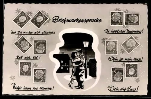 AK Briefmarkensprache, Liebespaar bei Nacht
