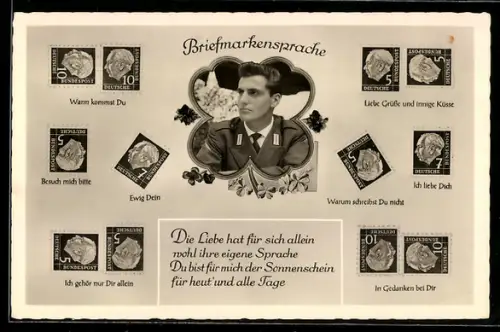 AK Briefmarkensprache Wann kommst Du und Liebe Grüsse und innige Küsse, Soldat in Uniform