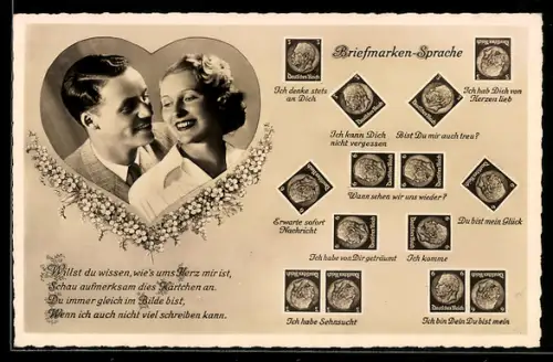 AK Briefmarkensprache, Liebespaar, Herz